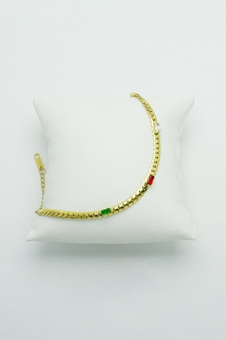 Altın Kaplama Seri Kararmaz Renkli Taşlı Ezme Zincir Çelik Gold Altın