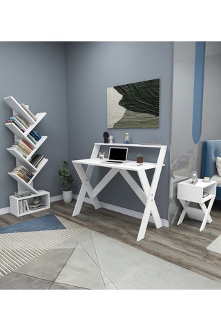 Enda Home X Çalışma Odası Seti Çalışma Masası Kitaplık Komodin Beyaz Çalışma Masası Kitaplık Seti Beyaz