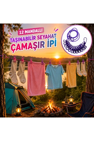 Taşınabilir 180 Cm Kancalı Çamaşır Asma Kurutma İpi 12 Mandallı Halat Klipsli Ayarlanabilir Bahçeler, Kamp Ve Seyahat Için Çok Renkli