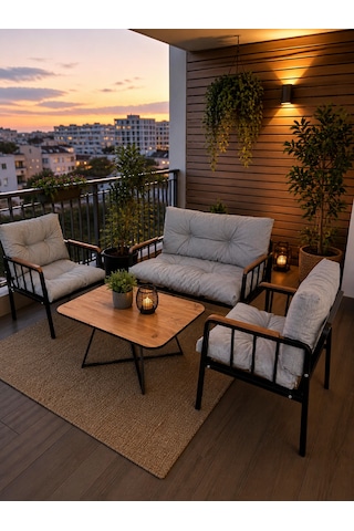 Liva Bahçe Balkon Oturma Grubu - 2+1+1 Takım + Sehpa - Siyah Metal İskelet Konforlu Kırpık Dolgu Açık Gri