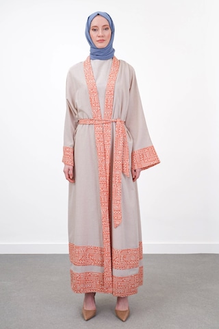 Pureva Garni Detaylı Kuşaklı Keten İkili Kimono - Bej/oranj Çok Renkli
