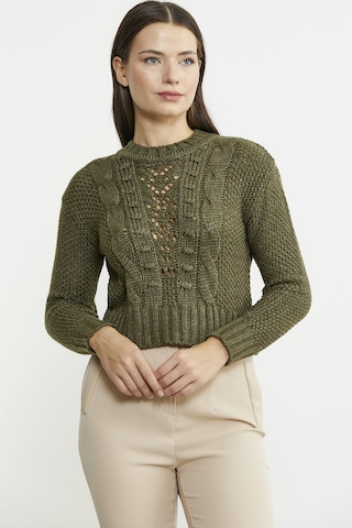 Sementa Saç Örgü Motifli Crop Yünlü Triko Kazak - Haki 001