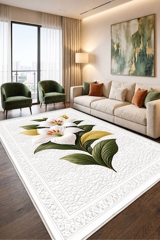 Beyaz Çiçekli Dijital Baskı Halı Kaymaz Tabanlı Yıkanabilir Halı Yolluk Salon Halısı143