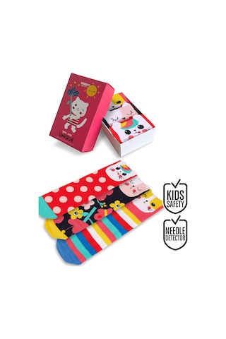 Denokids Renkli Kediler Kız Çocuk 3'lü Kutulu Çorap Renkli