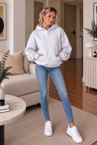 Lima Gri Kadın Kapüşonlu Oversize Sweatshirt Kanguru Cepli Düz Renk Uzun Kollu Sweat