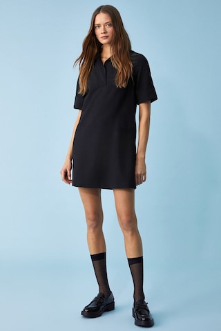 Nouru Kadın Polo Yaka Kısa Kol Oversize Fit Kısa Siyah Elbise