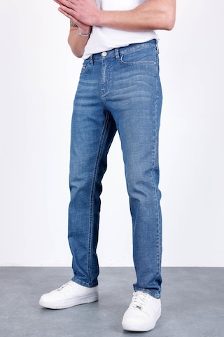 HLT Jeans Erkek Şerit Detaylı Mavi Regular Fit Boru Paça Esnek Likralı Jeans Kot Pantolon Hlthe001964 Beyaz - Mavi