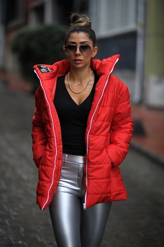 Keyifli Moda Kadın Kırmızı Dik Yaka Uzun Şişme Mont