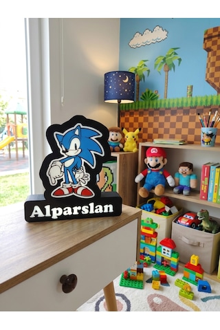 Kişiye Özel İsimli Sonic Led Gece Lambası Usb Çocuk Odası Mavi-siyah