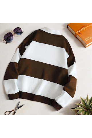 Fifty Color Unisex Kahve Rengi Polo Yaka Kışlık Sweatshirt İçi Polarlı Kahverengi - Beyaz