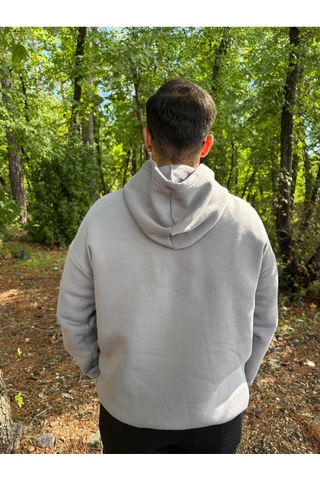 Erkek 3 İplik Basic Oversize Kanguru Cepli Kapüşonlu Sweatshirt Açık Gri