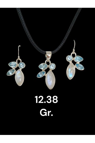 Doğal Ay Taşı El İşçiliği 925 Ayar Gümüş Kolye Ucu Ve Küpe Seti