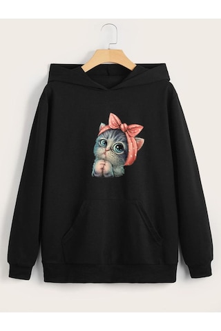 Fyk Kids Kapüşonlu Kedi Baskılı Sweatshirt Siyah