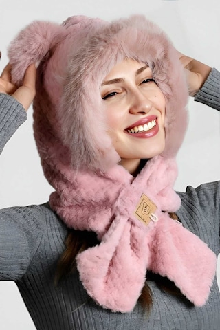 Uniquetrenders Kadın Kulaklıklı Boyun Bağlamalı Yumuşak Peluş Şapka Pudra