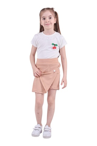 Erdem Kıds Kız Çocuk T-shirt Yakası Dantelli Kiraz Ve Düğme Detaylı Şort Etek Bluz Yazlık Ikili Takım Bisküvi Bisküvi