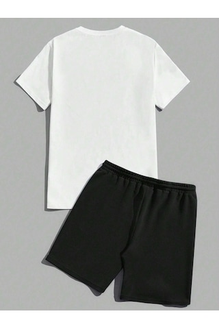 Palmiye Minimal T-shirt Şort - Beyaz Siyah Alt Üst Takım Şort Tişört Kombin Baskılı Bisiklet Yaka Beyaz Siyah