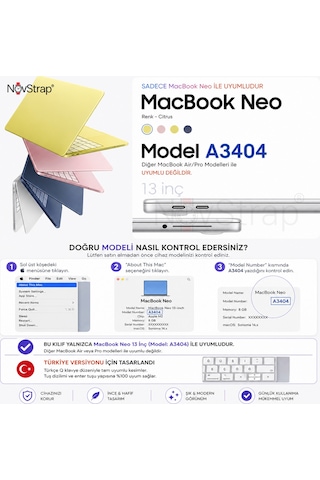 Novstrap Apple Macbook Neo 13 İnç A18 Çip A3404 İle Uyumlu Parlak Kılıf Seti + Şeffaf Klavye Koruyucu +nano Ekran Koruyucu Film