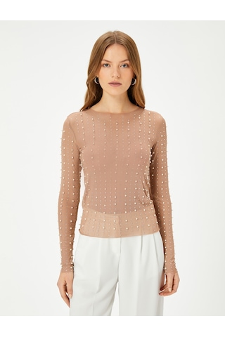 Koton Abiye Buluz Taşlı İnci Detaylı Uzun Kollu Bisiklet Yaka Slim Fit Bej 4sak60032fk