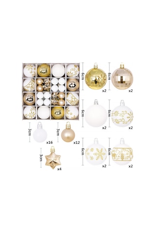 Moveevo 44 Adet 3-6 Cm Elektroplated Plastik Noel Topu - Altın Beyaz Renkli Ağaç Süs Takımı 270g Kutulu