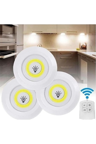 Kumandalı 3 Lü Spot Led Lamba Kablosuz Pilli Işıldak Mutfak Rafı Işığı Dolap Işığı Beyaz
