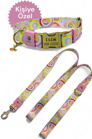 Metal Kilitli Köpek Tasma Seti, Boyun Tasması Ve Gezdirme Kayış 1 Çok Renkli
