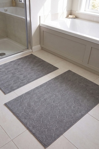 Raschel Carpet Yaprak Desenli Premium Seri Özel Kaymaz Taban Banyo Paspası 2'li Set 50x60 Ve 60x100 Gri