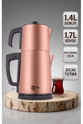 Teadem Xl Elektrikli Çay Makinesi Çaycı 2000w 1.7l Kettle 1.4l Xl Demlik 304 Paslanmaz Çelik Rose Gold