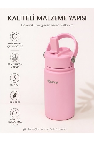 350 Ml Kulplu Pipetli Çelik Termos Bardak Bpa Free, Taşınabilir Mini Termos, Pembe Renk