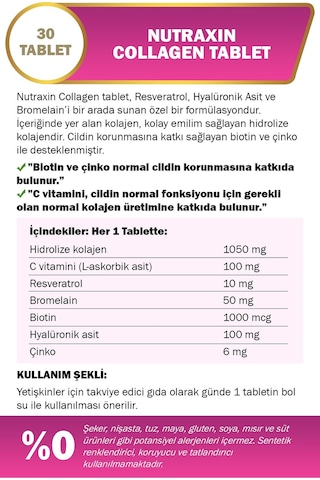 Nutraxin Hidrolize Kolajen 1050 Mg 30 Tablet Tip1 Tip3 Resveratrol Bromelain Biotin Hyalüronik asit Çinko