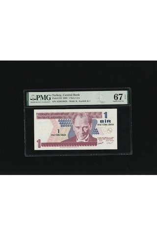 Bir Yeni Türk Lirası 1 Ytl P216 2005 Pmg 67 Epq Superb Gem Unc S/n A29619828 / 8.ems 1. Tertip
