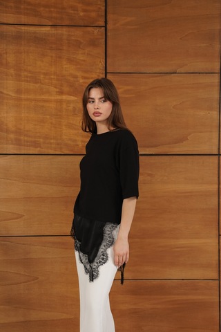 Verymoda Dantel Ve Saten Detaylı Asimetrik Tişört D2942 Siyah