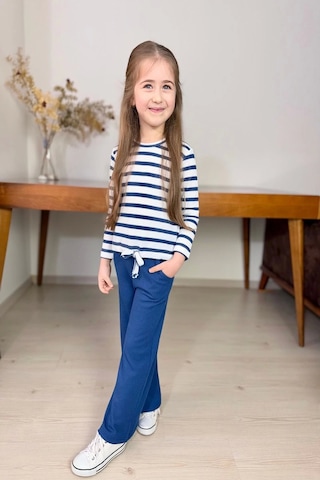 Çizgili Kız Çocuk Bol Paça Mevsimlik Mavi Renk Takım Mavi