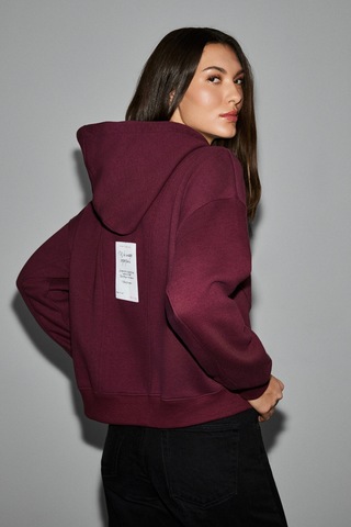 Grımelange Vyselle Kadın Önü Kesikli Metal Fermuarlı Kapüşonlu Etiket Detaylı Oversize Bordo Sweatsh Bordo