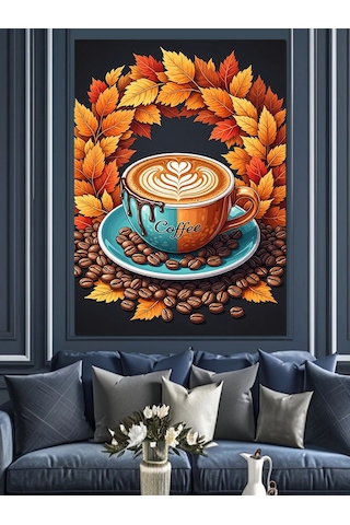 Ahşap Tablo Güz Yaprakları Ve Latte Sanatlı Fincan Kahve