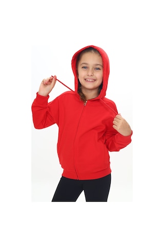 Toontoy Kız Çocuk Kapüşonlu Fermuarlı Cepli Düşük Omuz Örme Hırka - 2 İplik Kırmızı