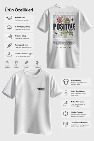 Spoyi Pozitif Bahçe Tasarımlı %100 Pamuk Yarım Oversize Beyaz T-mhirt