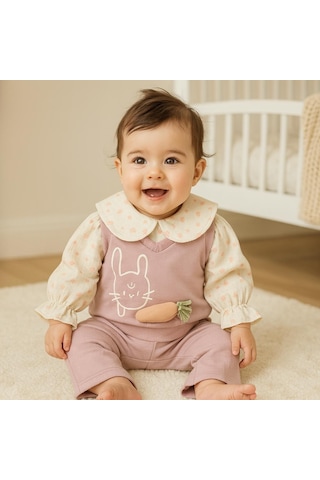 Albania Havuç Detaylı Müslin Gömlekdetaylı Omuzdan Çıtçıtlı 3 Lütakım Pembe