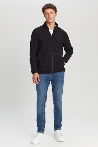 AC&Co / Altınyıldız Classics Erkek Sıyah Anti-pilling Tüylenme Yapmayan Standart Fit Bato Yaka Sweatshirt Polar Ceket Siyah