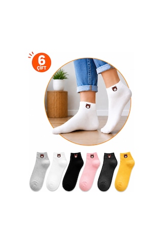 Worthy Socks 6 Lı Ayıcık Desenli Patik Çorap Seti Pamuklu Günlük Çorap Renkli
