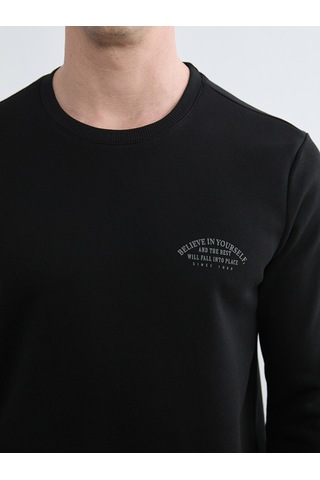 Lcwaıkıkı Classic Siyah Bisiklet Yaka Baskılı Erkek Kalın Sweatshirt