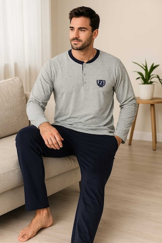Tenra Erkek Pijama Takımı %100 Pamuk Uzun Kol Gri