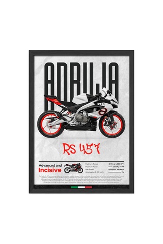 Aprilia Rs 457 Siyah Ahşap Çerçeveli Poster, Dekoratif Motosiklet Duvar Tablosu Çok Renkli