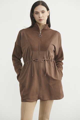 Dik Yaka Tam Fermuarlı Tunik - Kahve Kahverengi