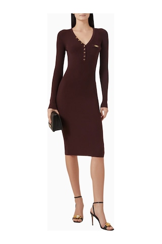 Elisabetta Franchi Ribbed Midi Triko Elbise, Lüks Günlük Şıklık Bordo