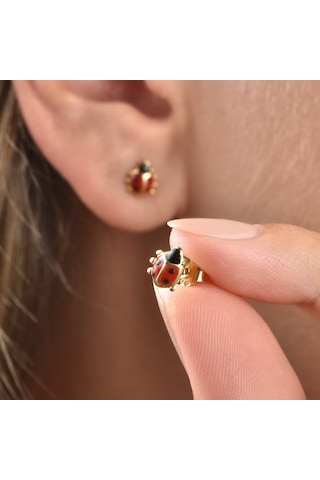 14 Ayar Altın Kaplama Minik Uğur Böceği Çivili Gümüş Küpe - Ee00100 Altın