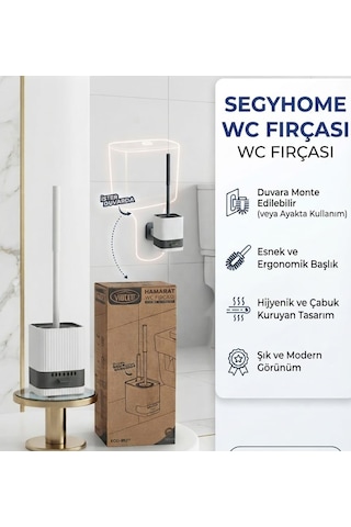 Duvara Monte Edilebilir Yapışkanlı Wc Tuvalet Fırçası Seti - Esnek Ergonomik Başlıklı Hijyenik Banyo Fırçası Duvara Asılabilir & Ayakta Kullanım Beyaz - Gri