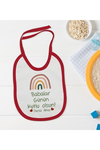 Bk Kids Kişiye Özel Babalar Günü Tasarımlı Kırmızı Bebek Mama Önlüğü-2 Kırmızı
