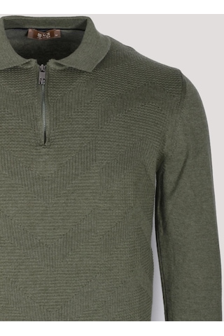 Erkek Polo Yaka Triko Hakimelanj Slim Fit Yarım Fermuarlı Balık Sırt Desenli Pamuklu Kazak Ncs Jeans 3006-haki Haki