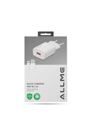 Allme Ss18ulb 18w Qc Adaptör + 3a Usb To Lightning Kablolu Hızlı Şarj Seti Beyaz 18 W