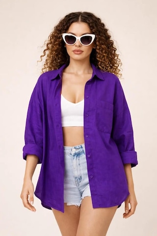 Rouge Basıc Oversize Keten Dokulu %100 Pamuk Salaş Gömlek Mor